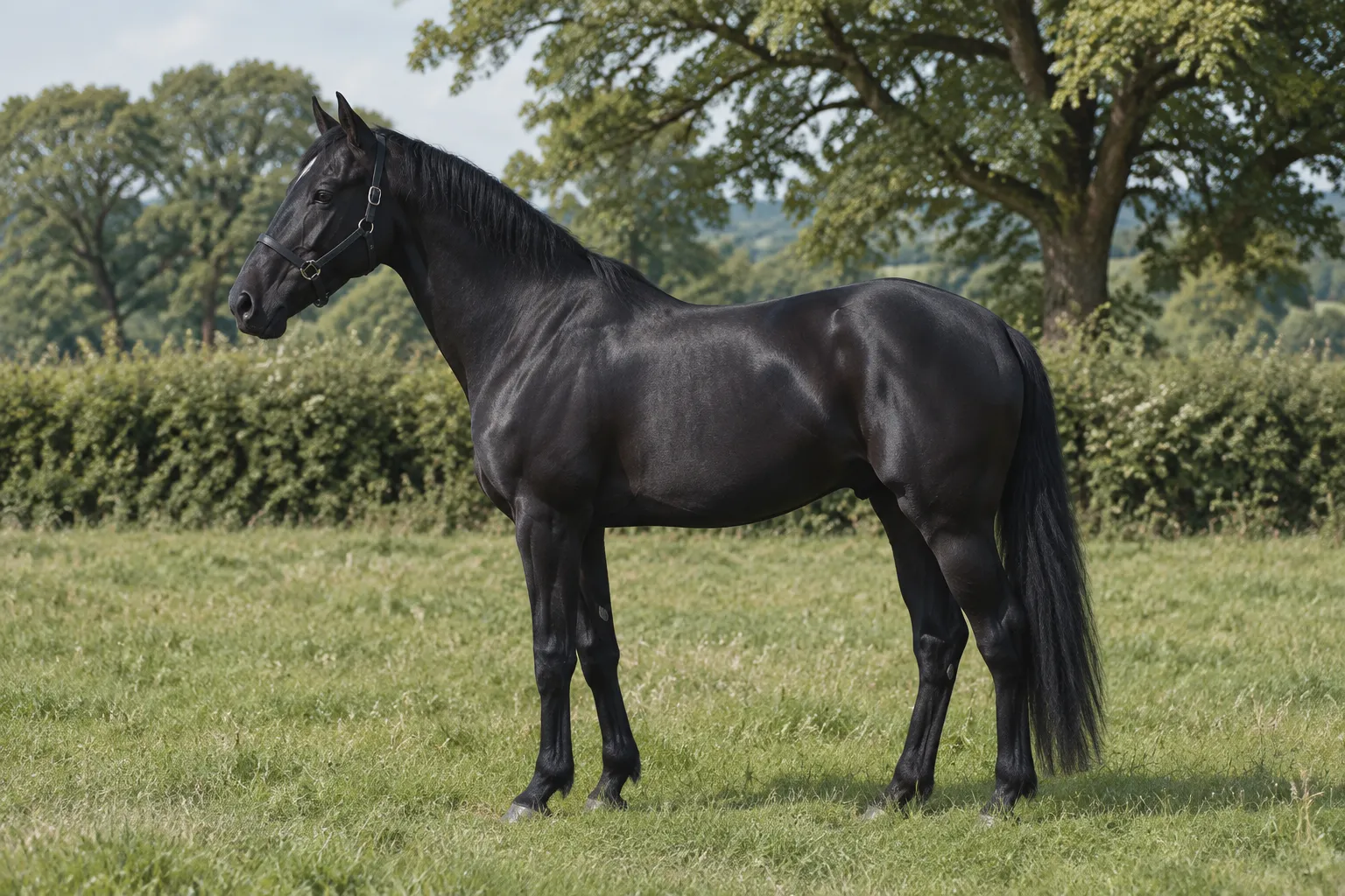A black horse standing side-on in a summer field.