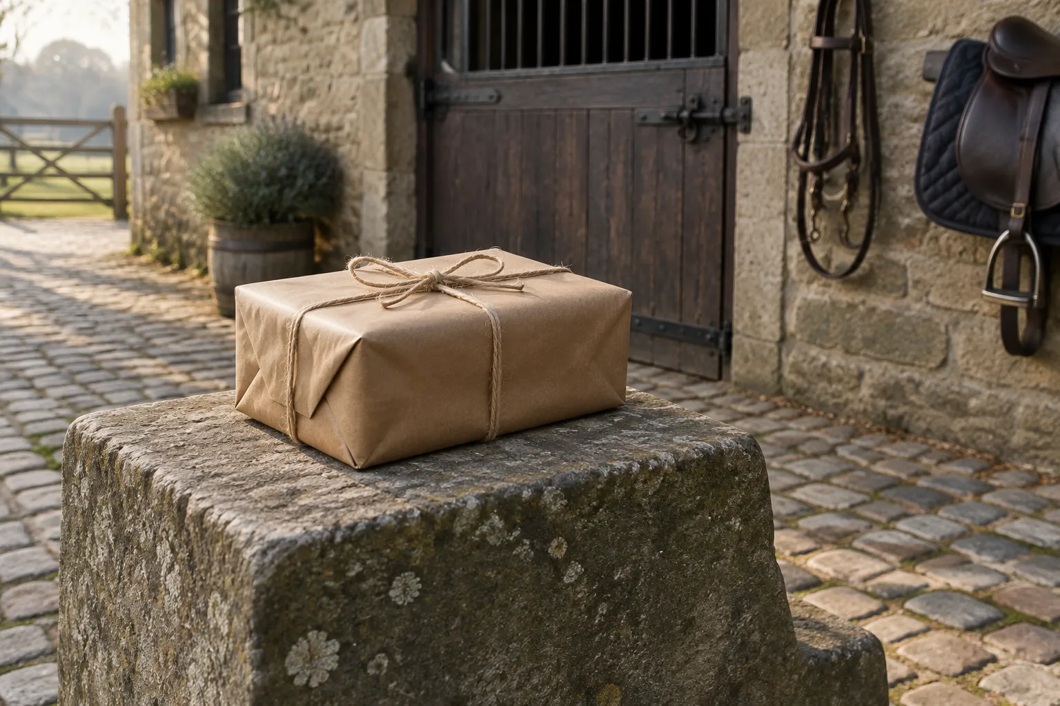 A plain brown-paper parcel tied with twine on a stone mounting block in a stable yard.
