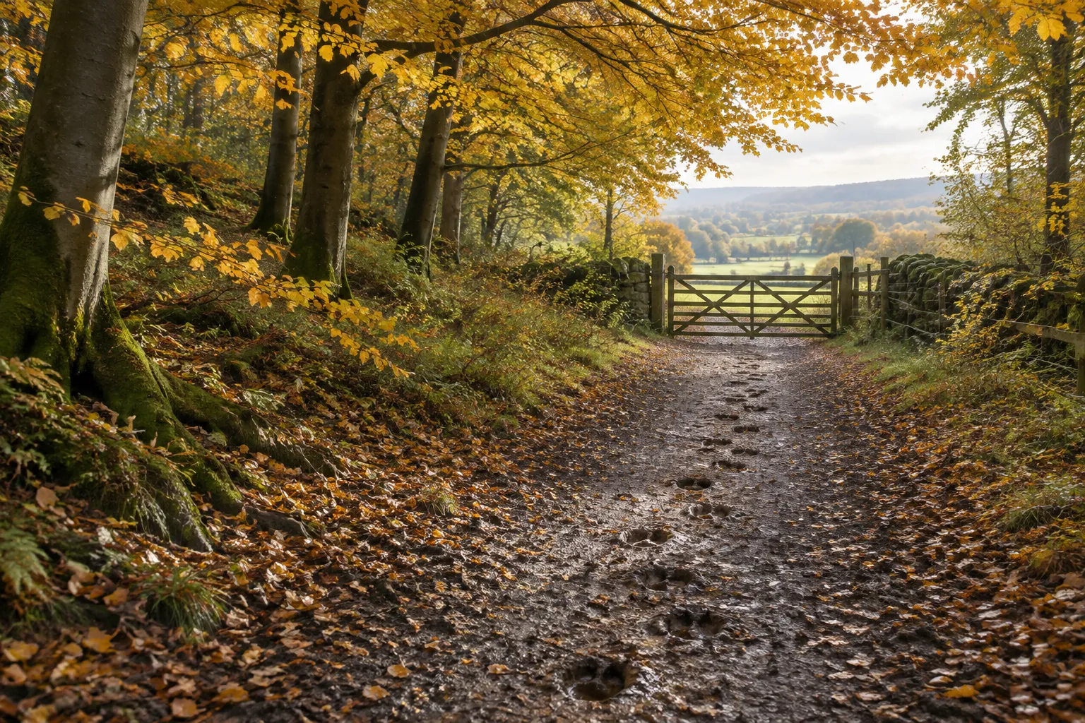 Hoof tracks along a woodland bridleway leading to an open gate and fields.