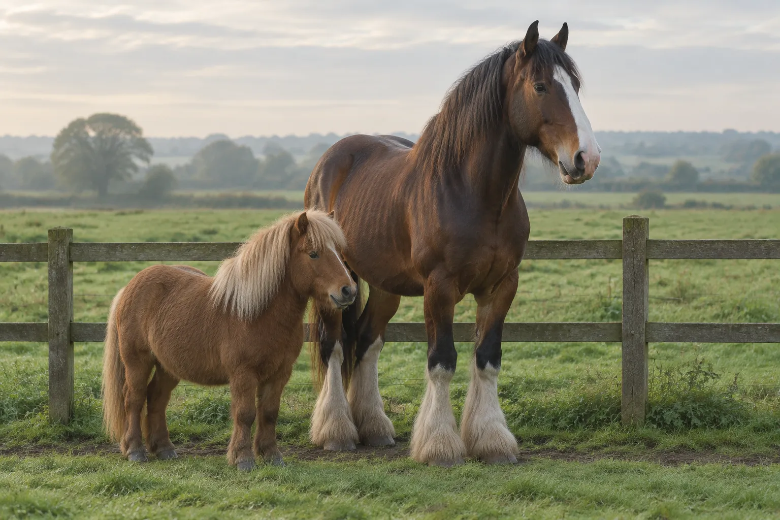 A small Shetland pony beside a tall heavy horse at a fence, the difference in height plain to see.