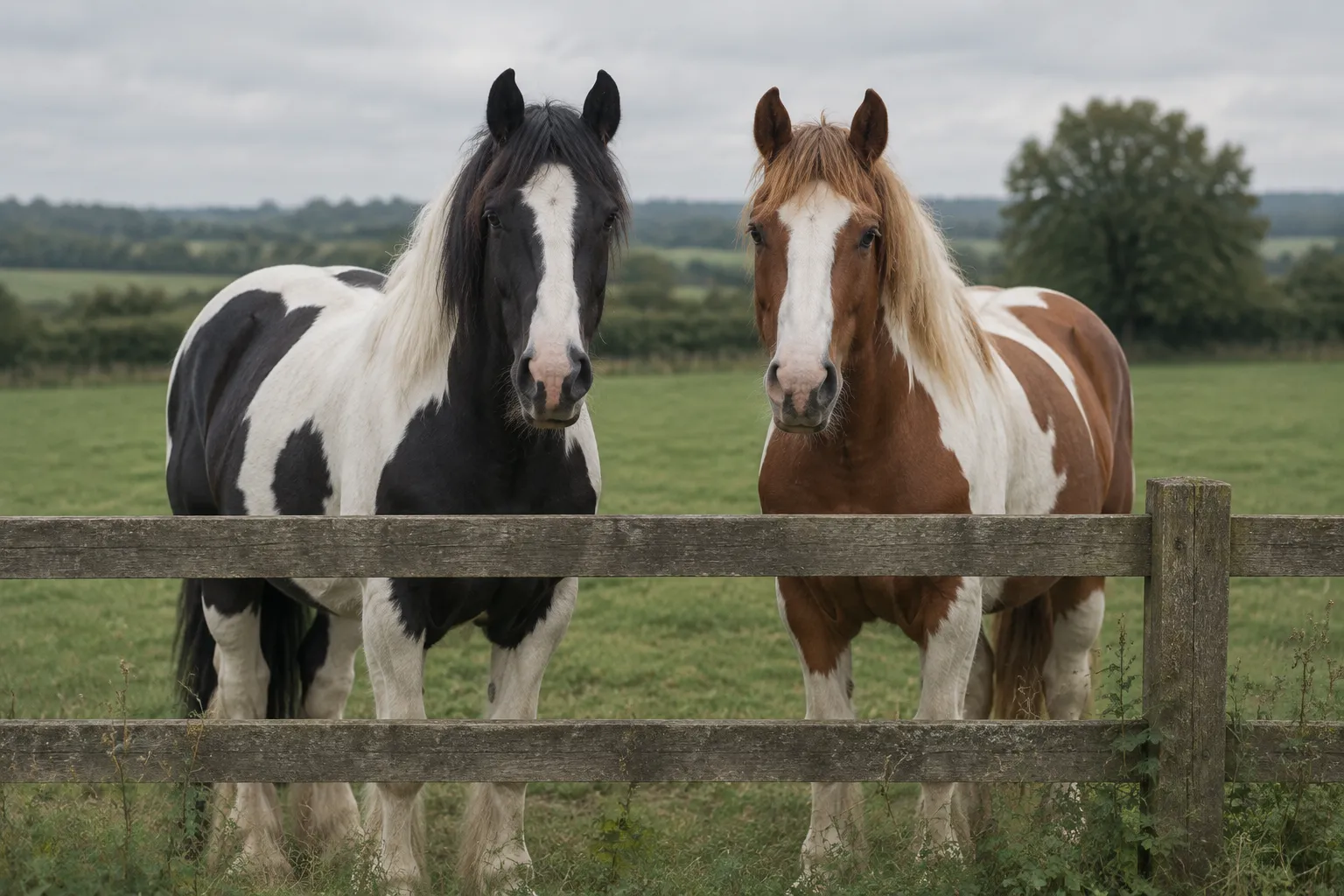 A piebald horse, black and white, beside a skewbald horse, brown and white, at a field fence.