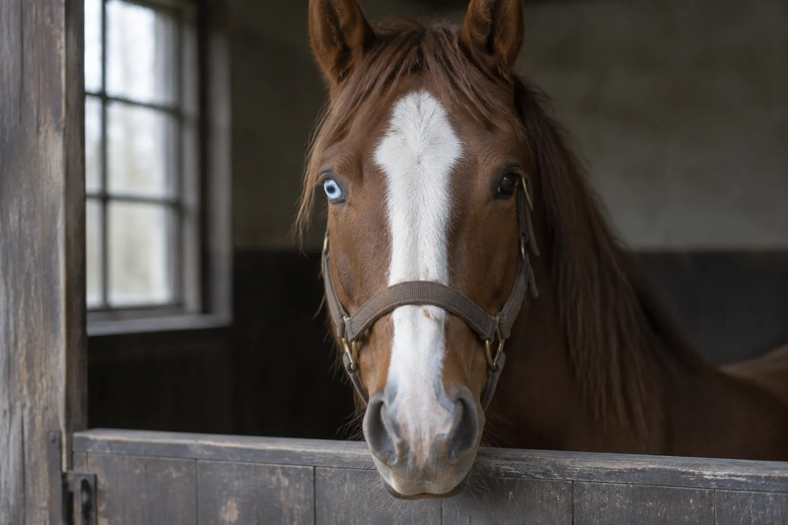 A chestnut horse with a white blaze, one pale blue eye and one brown eye, looking over a stable door.