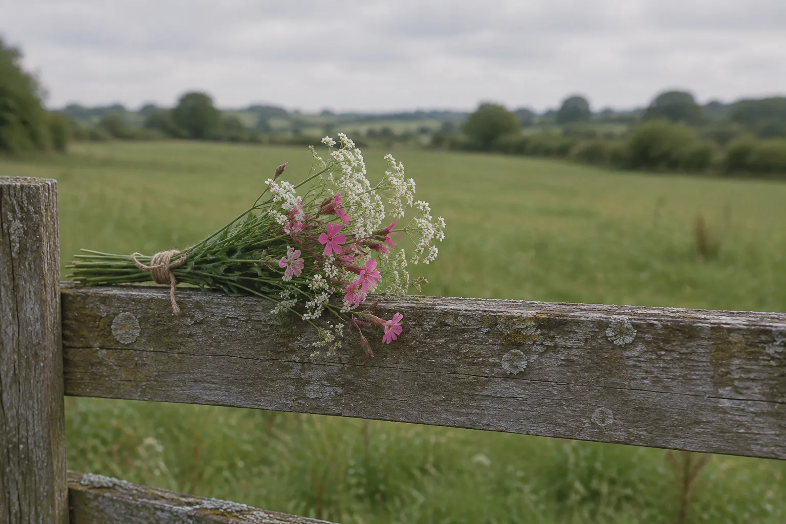 A small posy of hedgerow flowers laid on the top rail of a wooden paddock fence.