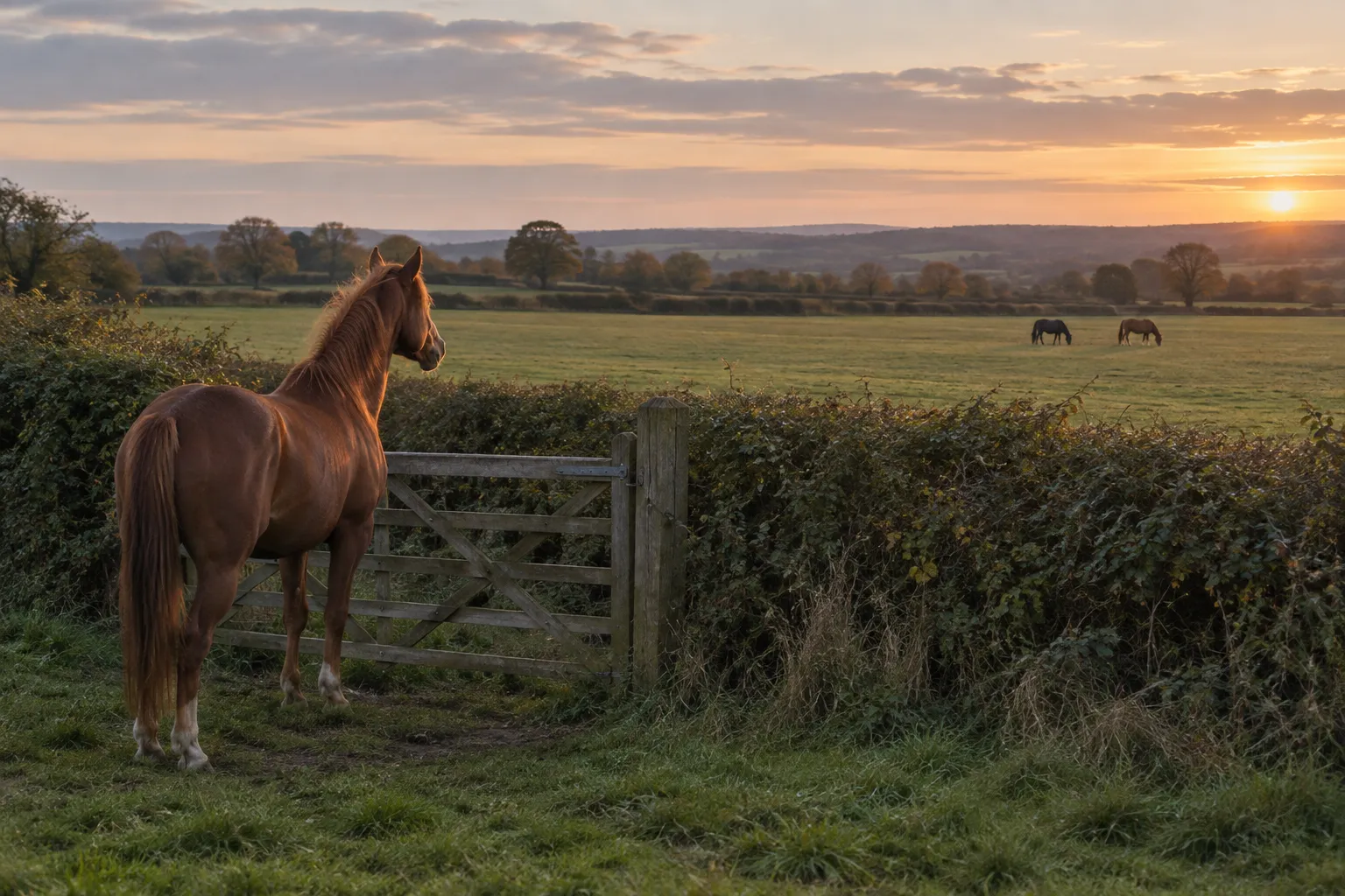 A single chestnut horse at a field gate looking toward two horses grazing in the next field.