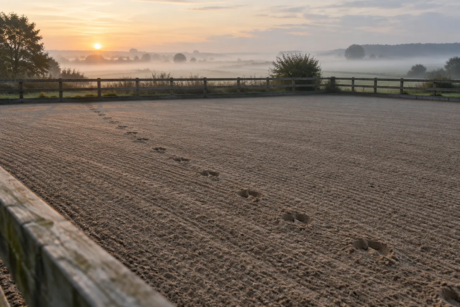 A single line of hoof tracks crossing a freshly raked sand arena in morning mist.