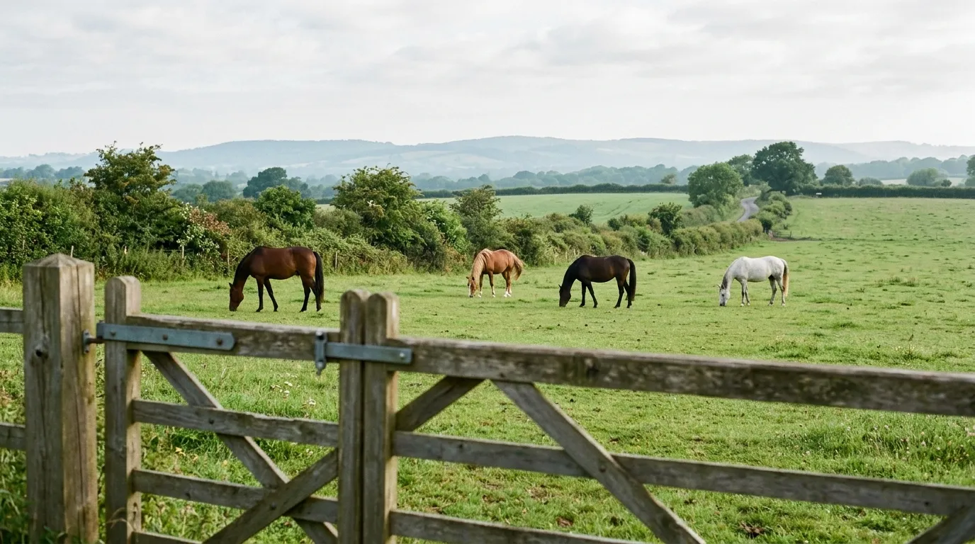 A field of horses grazing on a bright morning, seen from behind a five-bar gate with hills beyond.