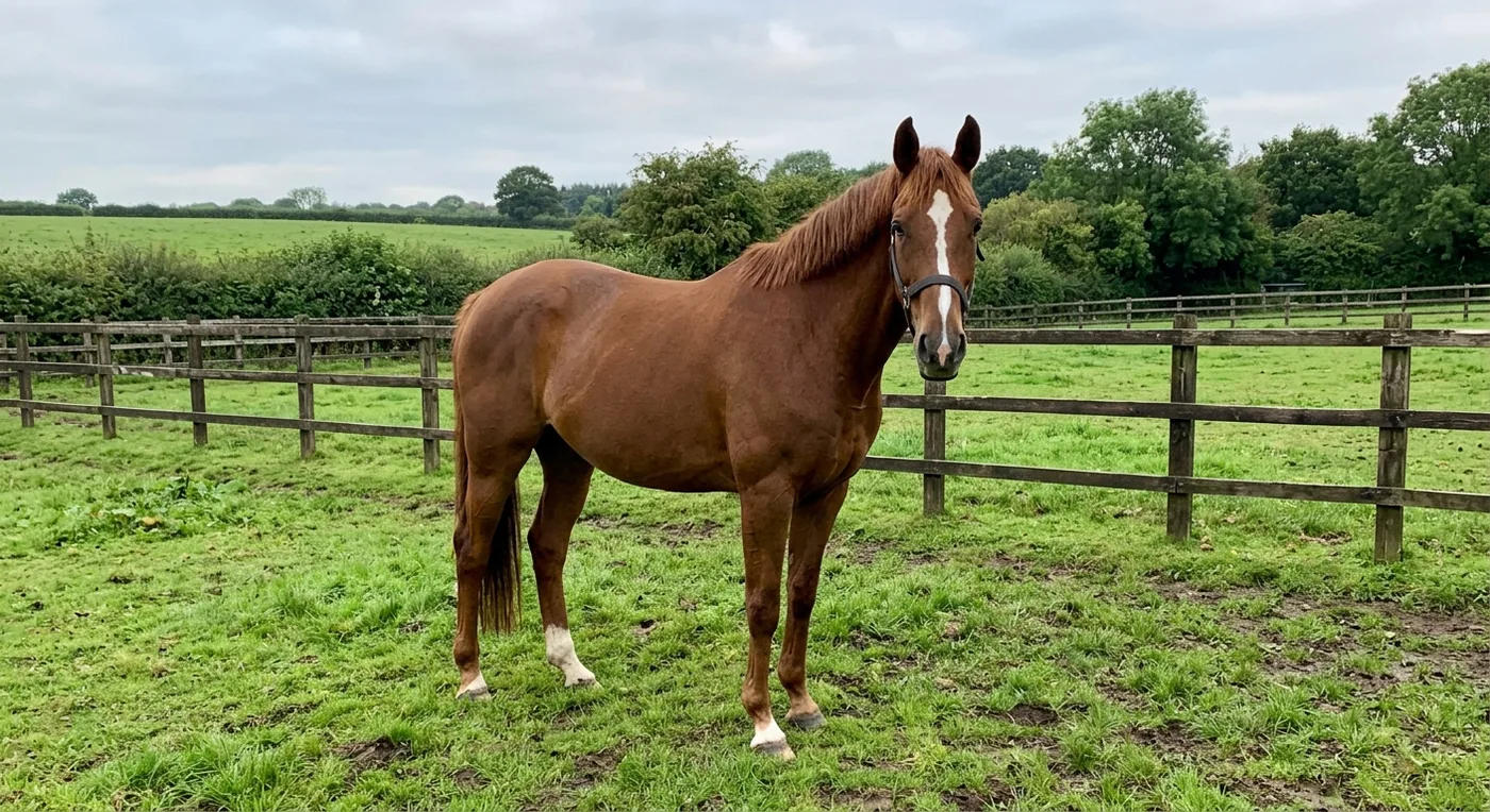 A phone photograph of a bay horse with a white blaze in a paddock