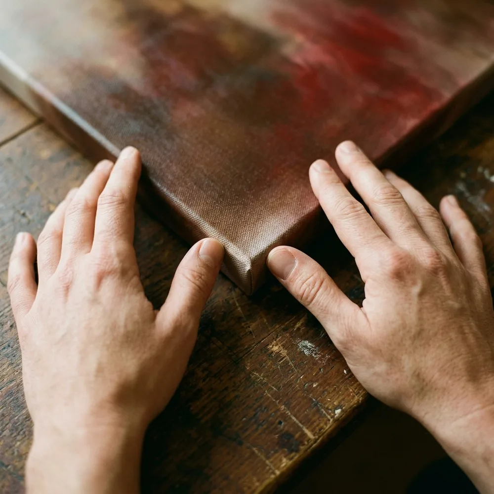A pair of hands on the edge of a canvas