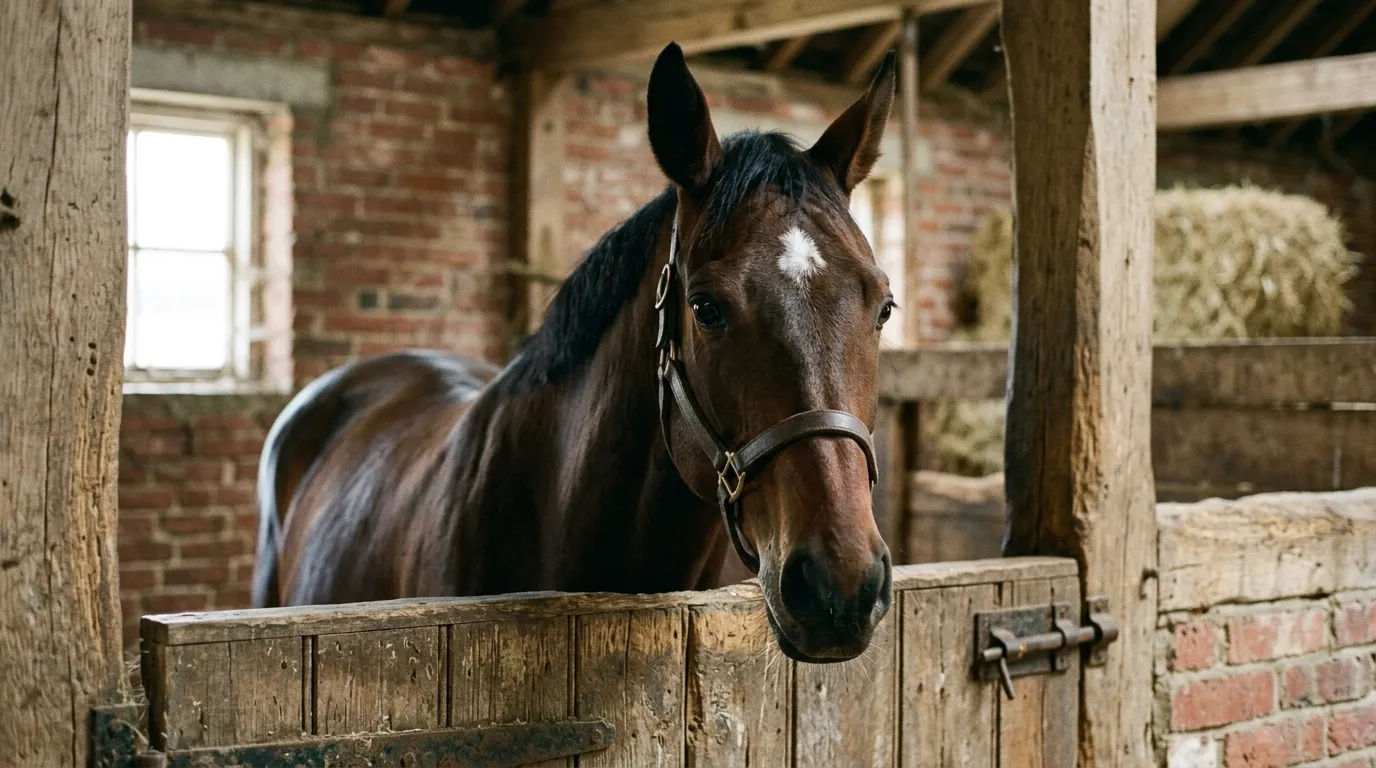 A close portrait of a bay horse with a white star looking over a stable half-door.