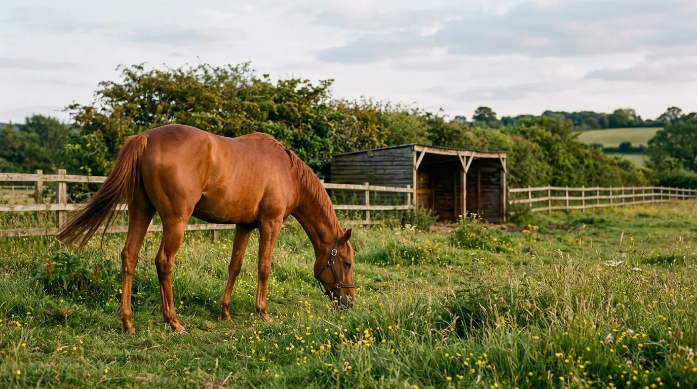 A lean chestnut thoroughbred grazing quietly in an ordinary paddock on a summer evening.